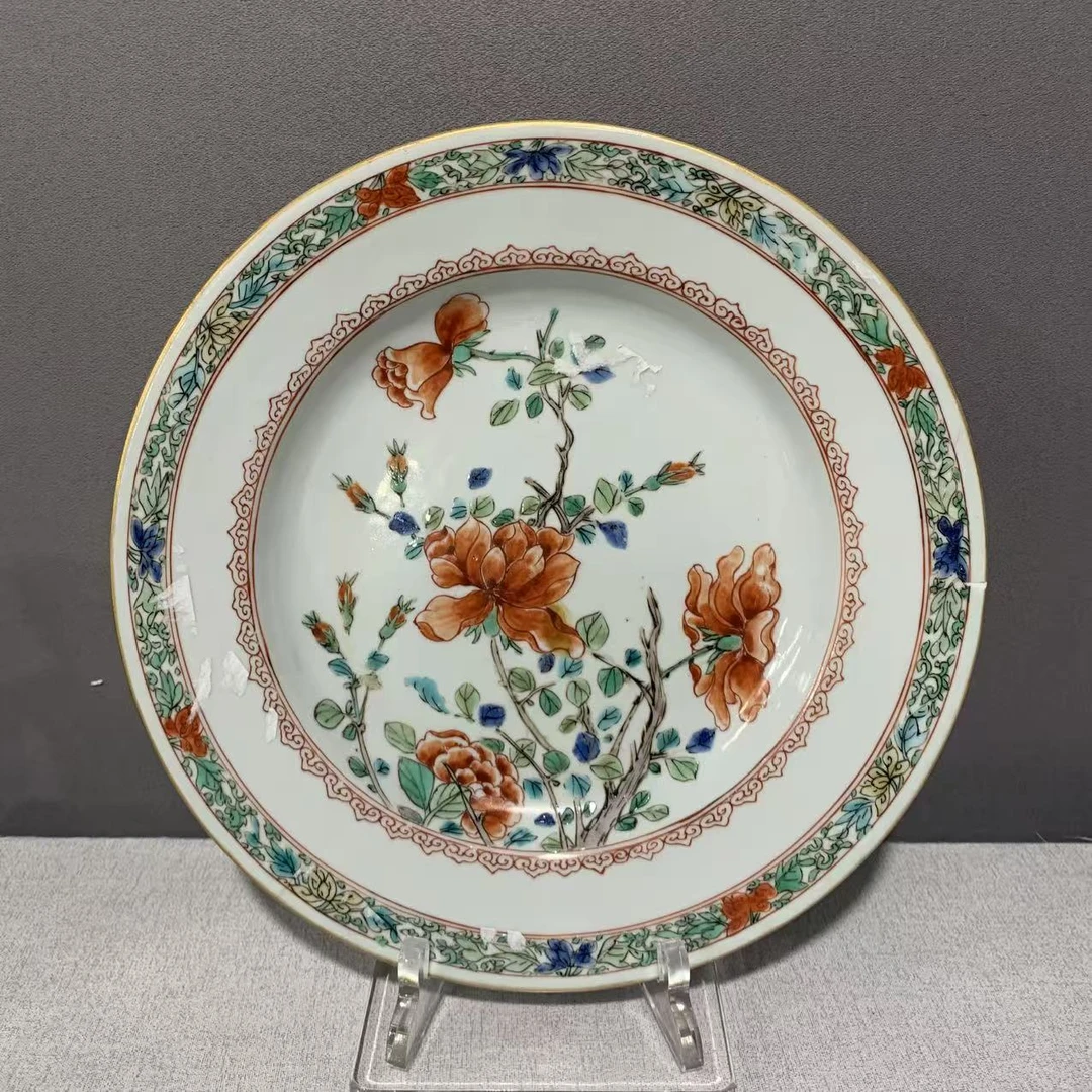 Q-A0905143 清中期 五彩花卉纹盘（直径约22.6）