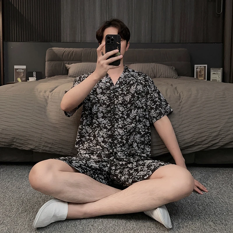 男士睡衣夏薄款冰丝短袖可外穿2025新款度假风家居服夏季大码套装