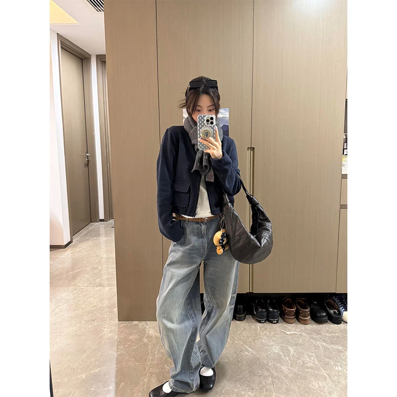 秋冬美式复古时尚洋气高级感休闲外套长袖上衣高腰修身牛仔裤套装