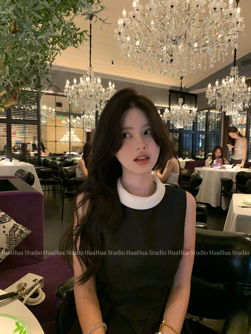 【花花】浮云月下~领口撞色腰间系带无袖显瘦中长款连衣裙