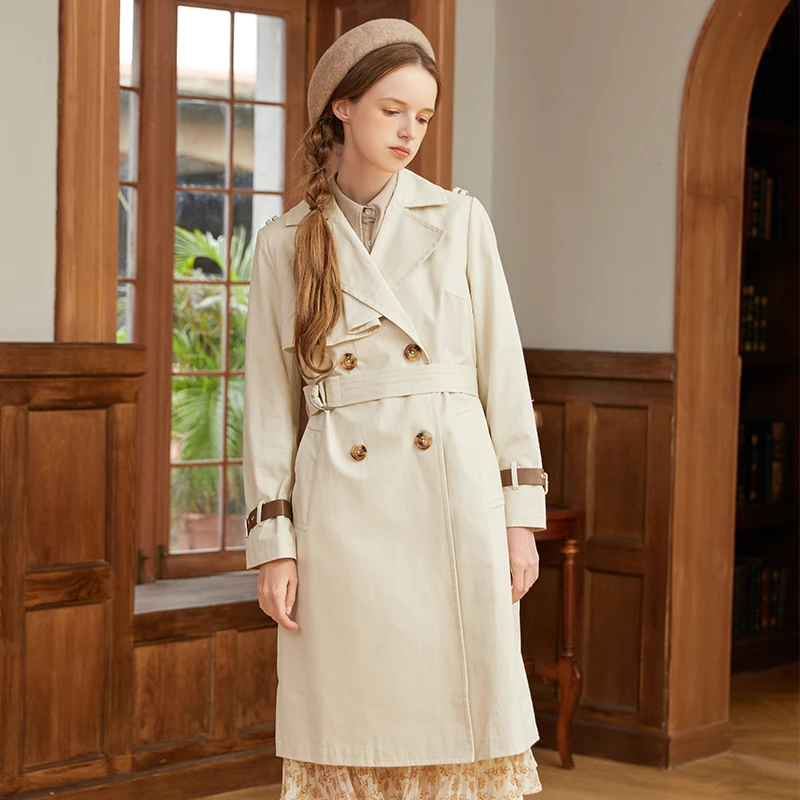 Famecoco范可儿设计感拼接风衣女士收腰中长款休闲外套D221AT300