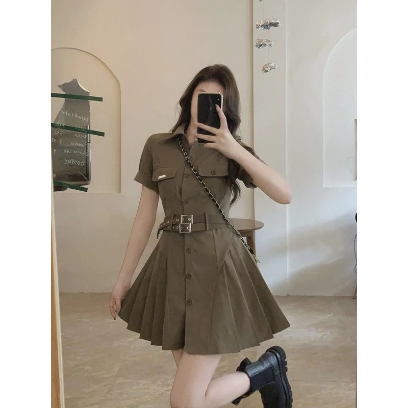 复古工装短袖polo连衣裙2025夏季新款收腰显瘦美式A字百褶裙子女