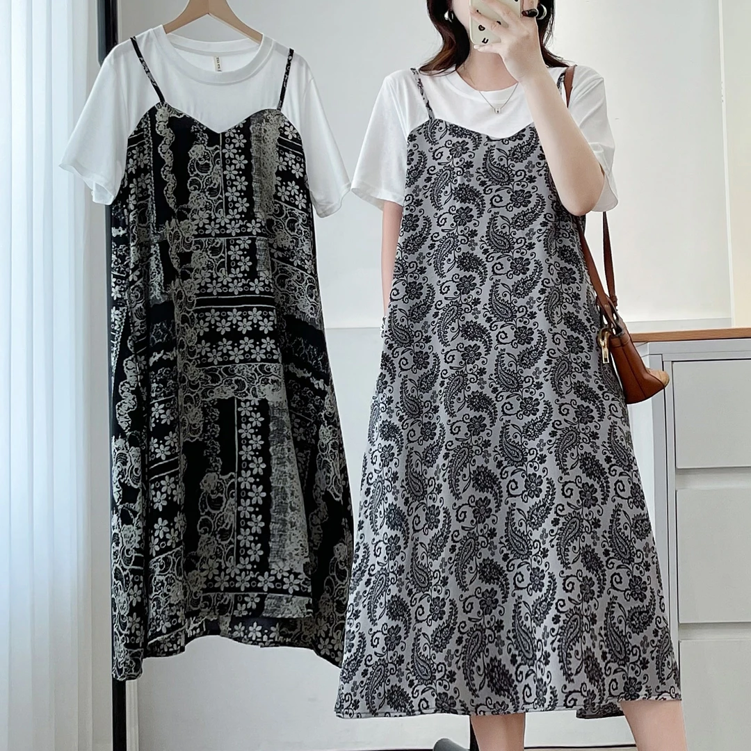 卡洛町大码女装110-200斤夏季新款时尚宽松假两件碎花连衣裙2535