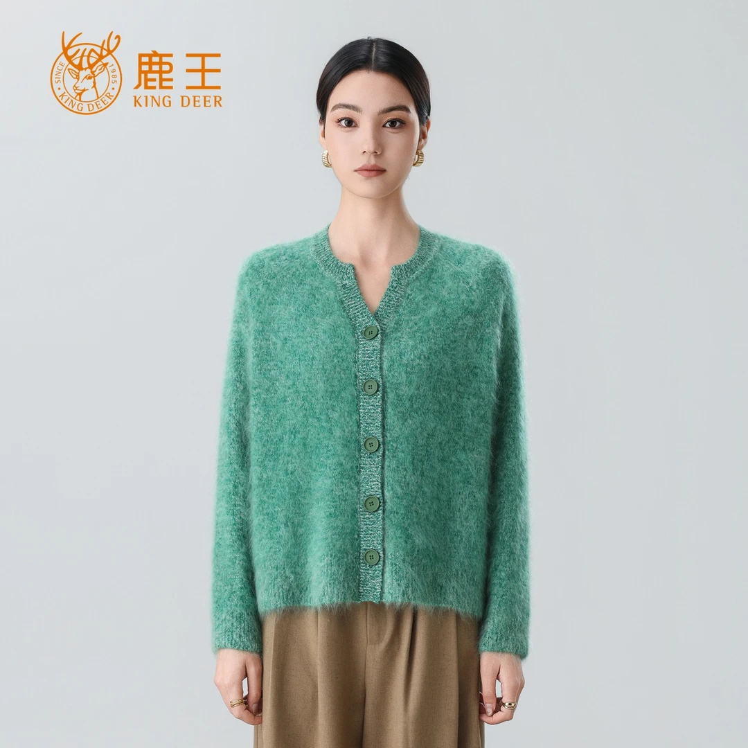 鹿王25秋冬新款女V领100山羊绒花纱拉绒开衫 加厚 SBL24101