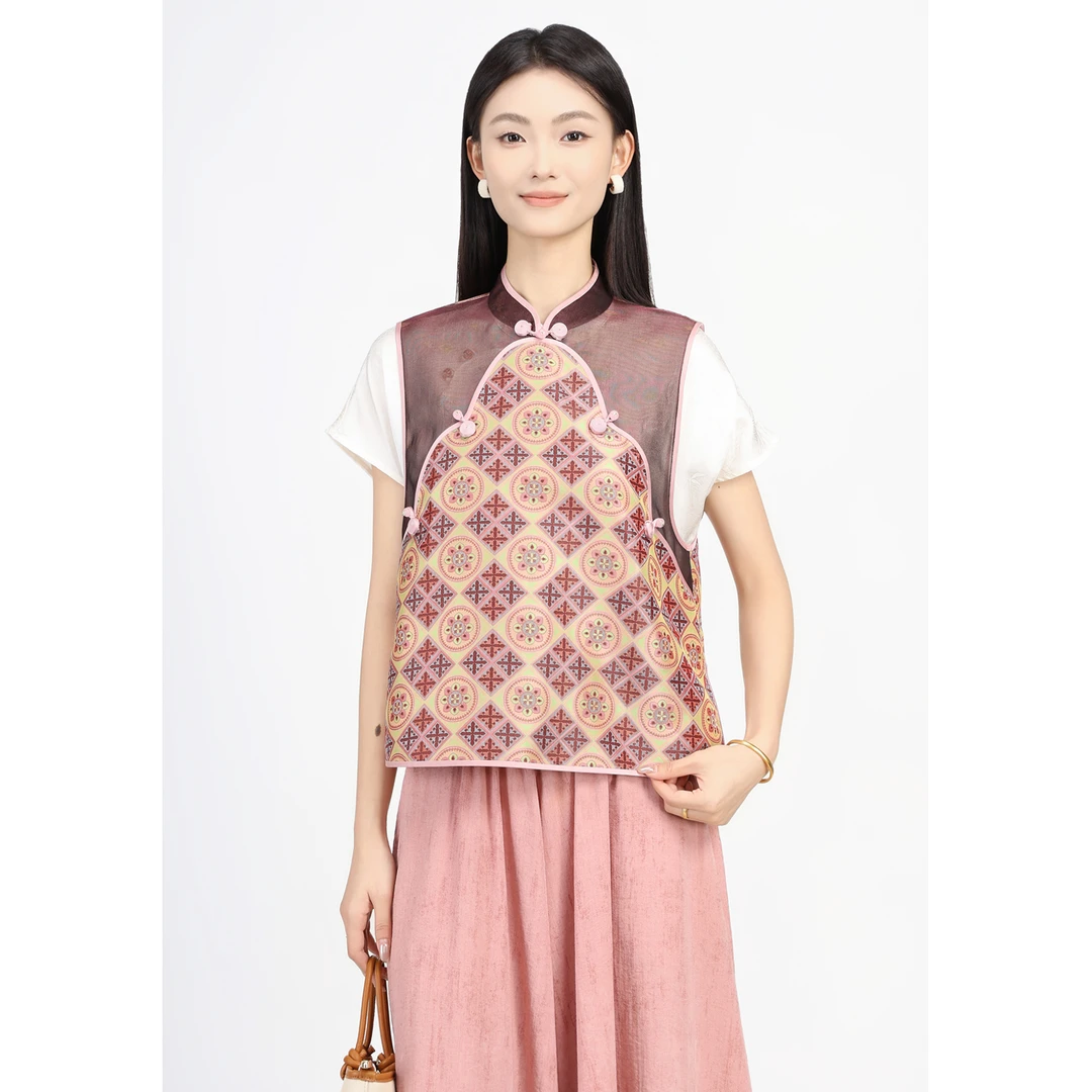 矝羽轩【烟驿】张和才古蜀锦粉紫色新中式马甲