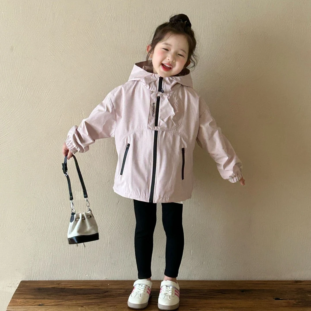 《小思家》女童2025春季新款纯色打底连帽拉链冲锋衣黑色打底裤套装