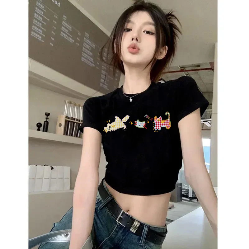 纯棉正肩小众印花短袖t恤女夏季修身显瘦韩系ins甜美减龄气质上衣