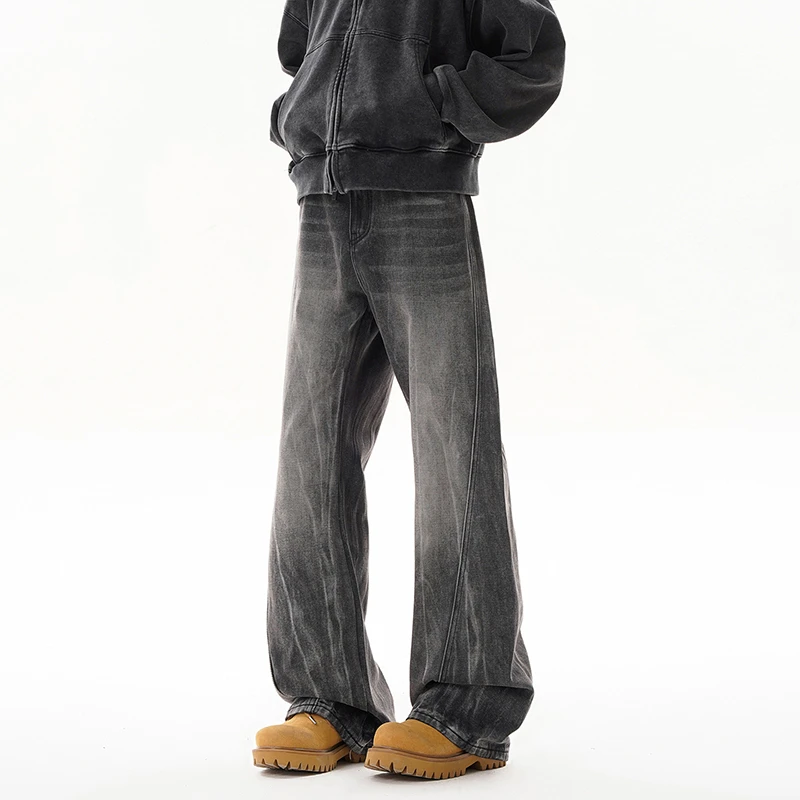 美式高街暗黑拼接扎花修身微喇牛仔裤男女宽松直筒休闲百搭长裤子