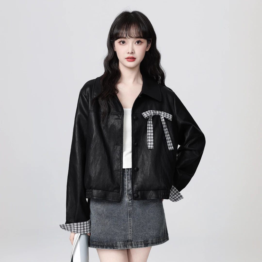 复古黑色PU皮衣外套女秋2025春秋新款蝴蝶结翻领夹克开衫短款上衣