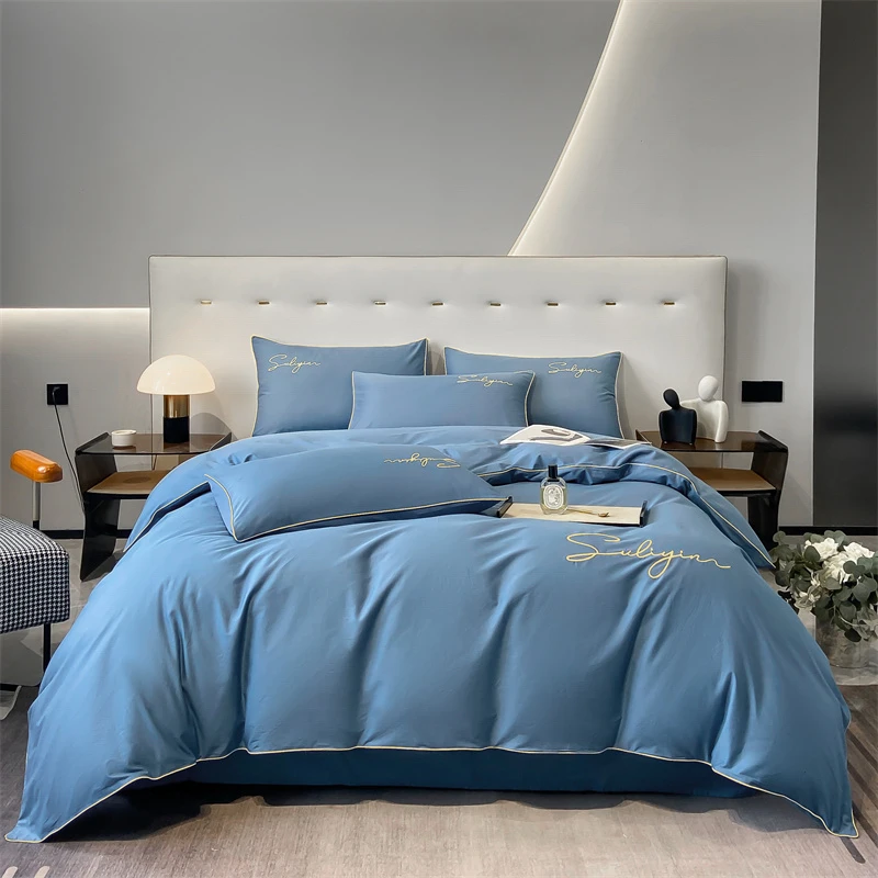 纯棉四件套100%全棉套件纯色轻奢简约刺绣款滚绳被套床单无印风