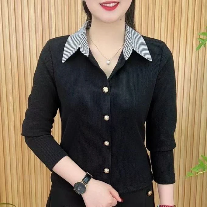撞色拼接衬衫领小衫2025春季新款时时尚百搭妈妈装纯色显瘦上衣女
