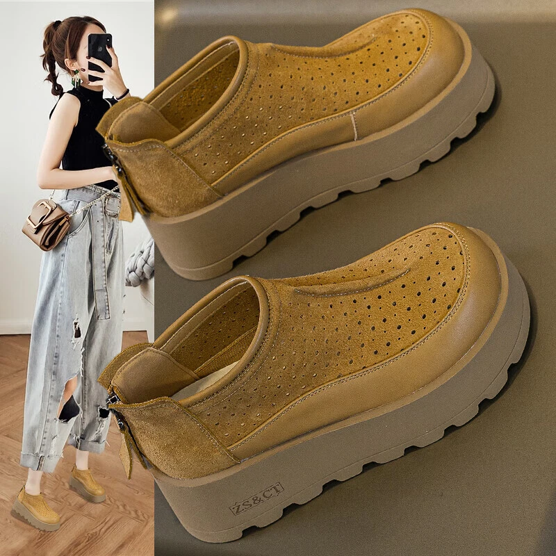 真皮老爹鞋女2024春夏季新款厚底增高运动休闲鞋软底镂空复古女鞋