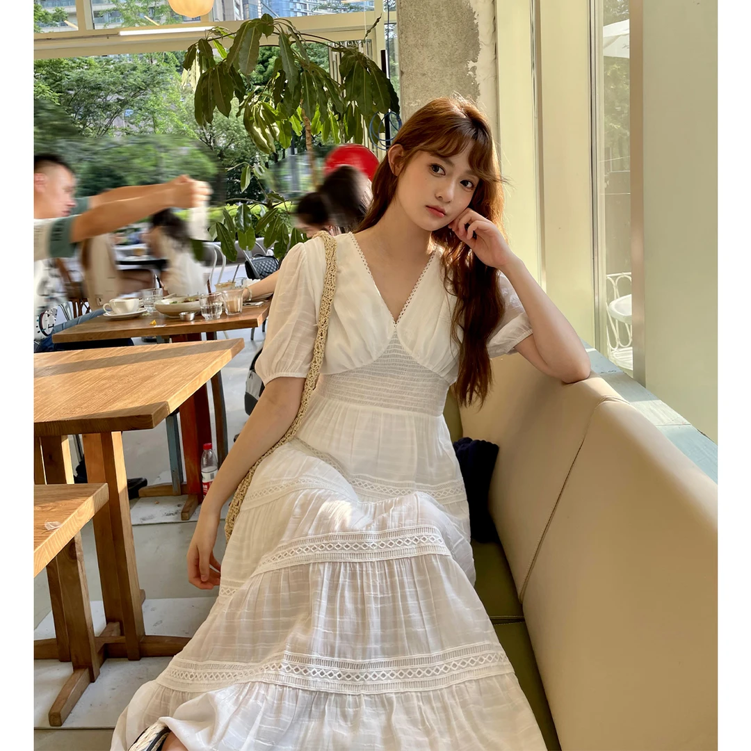 晶咕白标~长款法式V领腰部打揽显瘦连衣裙女夏季气质裙子优雅温柔