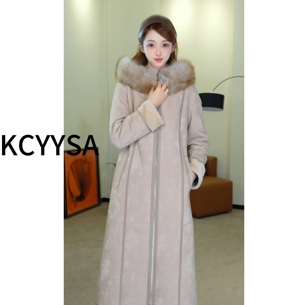 2025新款羊毛轻奢时尚气质冬季保暖连帽长款皮毛一体 YYF51263CB