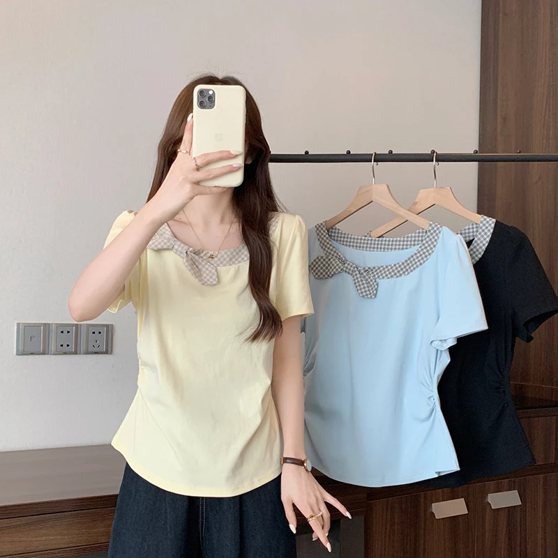 微胖2025夏装新款胖mm大码女优雅时尚拼接格子蝴蝶结弧形短袖T恤