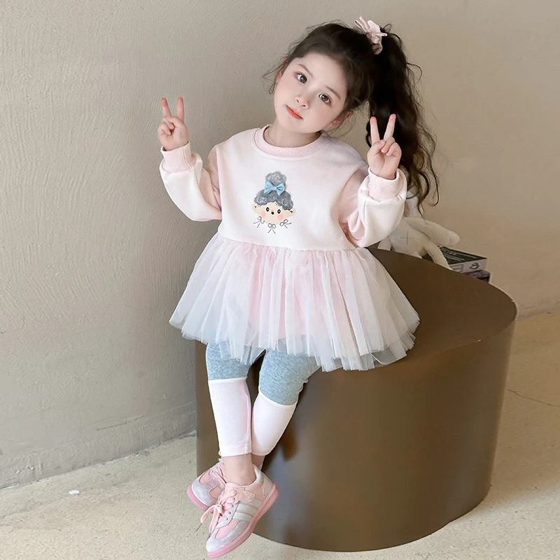 女童卫衣套装2025新款网纱拼接上衣打底裤裙子女宝宝洋气炸街春装