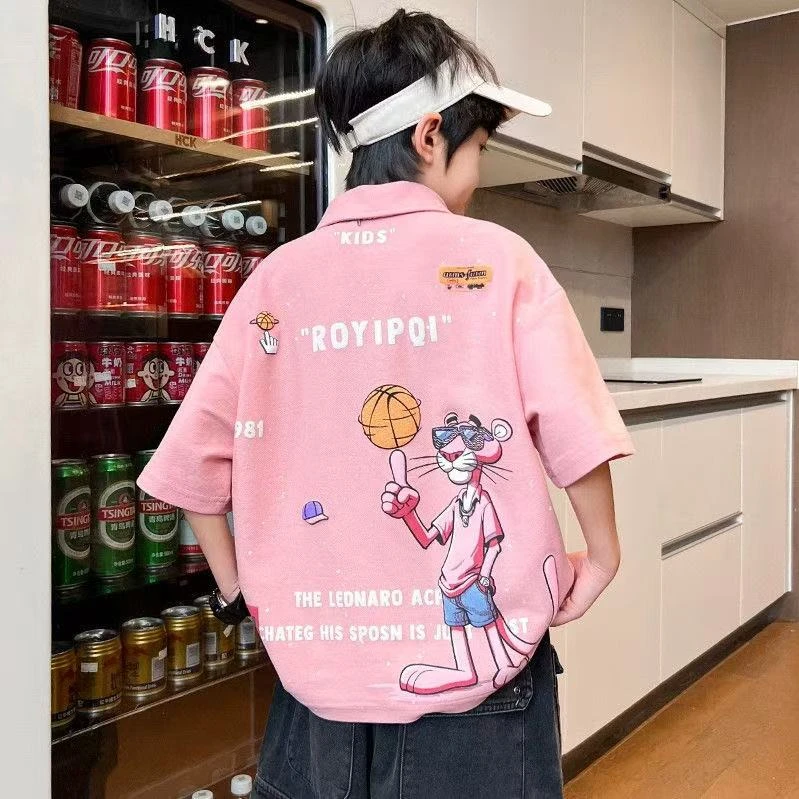 网红款~2025男童夏季新款时髦粉红豹POLO衫短袖8188