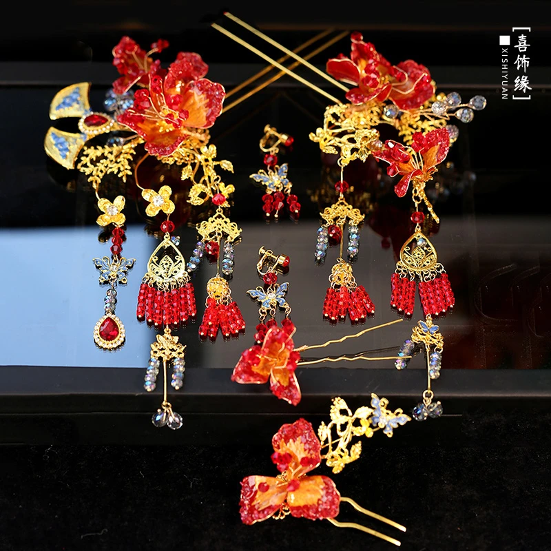 龙凤褂新娘头饰红金撞色高级甜美发饰中式秀禾晨袍减龄配饰HZ1055