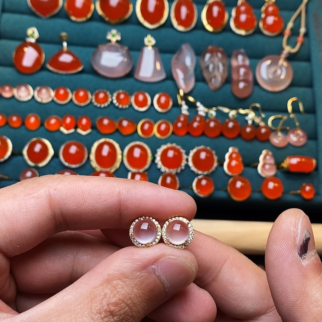 南红玛瑙银S925镶嵌耳饰