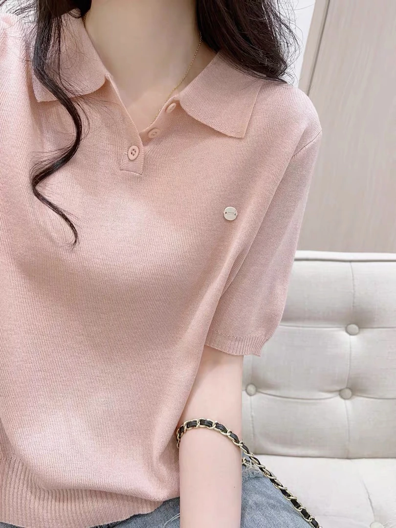 粉色Polo领短袖针织T恤女夏季翻领正肩短款减龄简约显白显瘦上衣