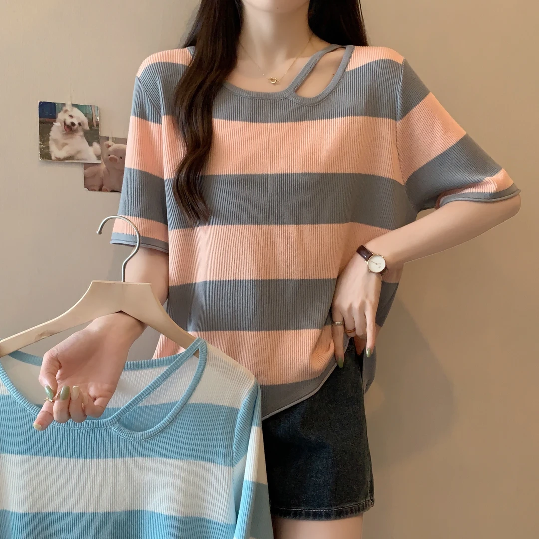 【涵胖胖】清2025夏季薄款拼色条纹针织衫正肩显瘦不规则上衣69220