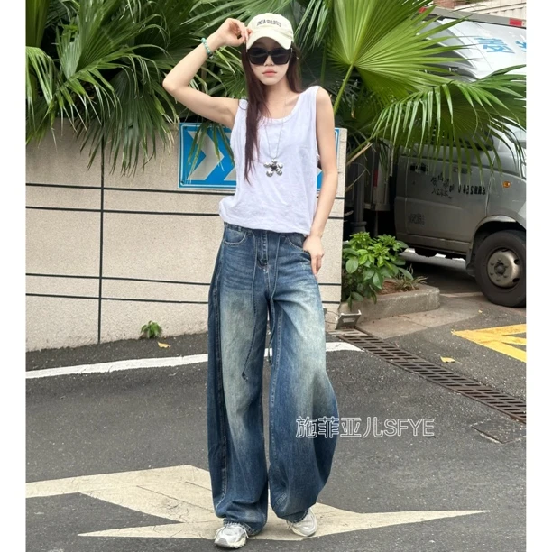 [腿精弯刀裤]复古水洗立体压线宽松弯刀阔腿牛仔裤时尚百搭