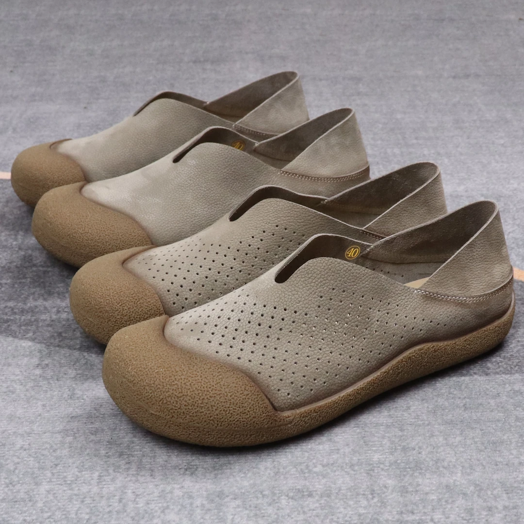 【男女同款】夏季一脚蹬包头鞋真皮透气男士休闲透气洞洞鞋复古男鞋