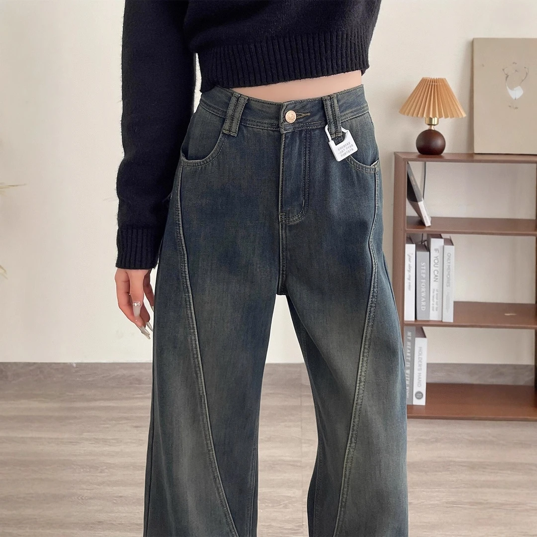 梨形身材水泥灰直筒牛仔裤女秋冬加绒大码胖mm高腰显瘦复古阔腿裤