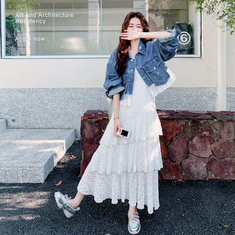 时尚甜酷风蕾丝蛋糕吊带连衣裙套装女2025秋季新款牛仔外套两件套