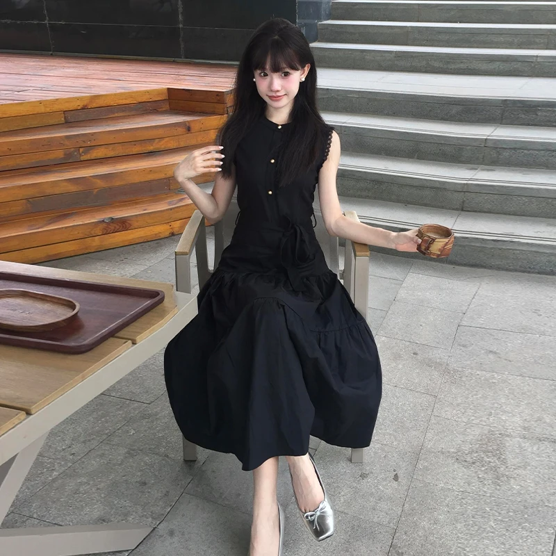 法式赫本风黑色无袖背心连衣裙子女夏季款小个子气质长裙C2L51569