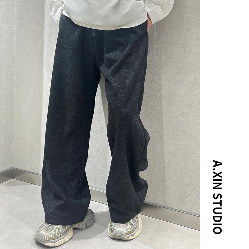 【阿信】高定版重磅加绒羊毛醋酸裤男士冬季休闲裤加厚毛呢弯刀长裤