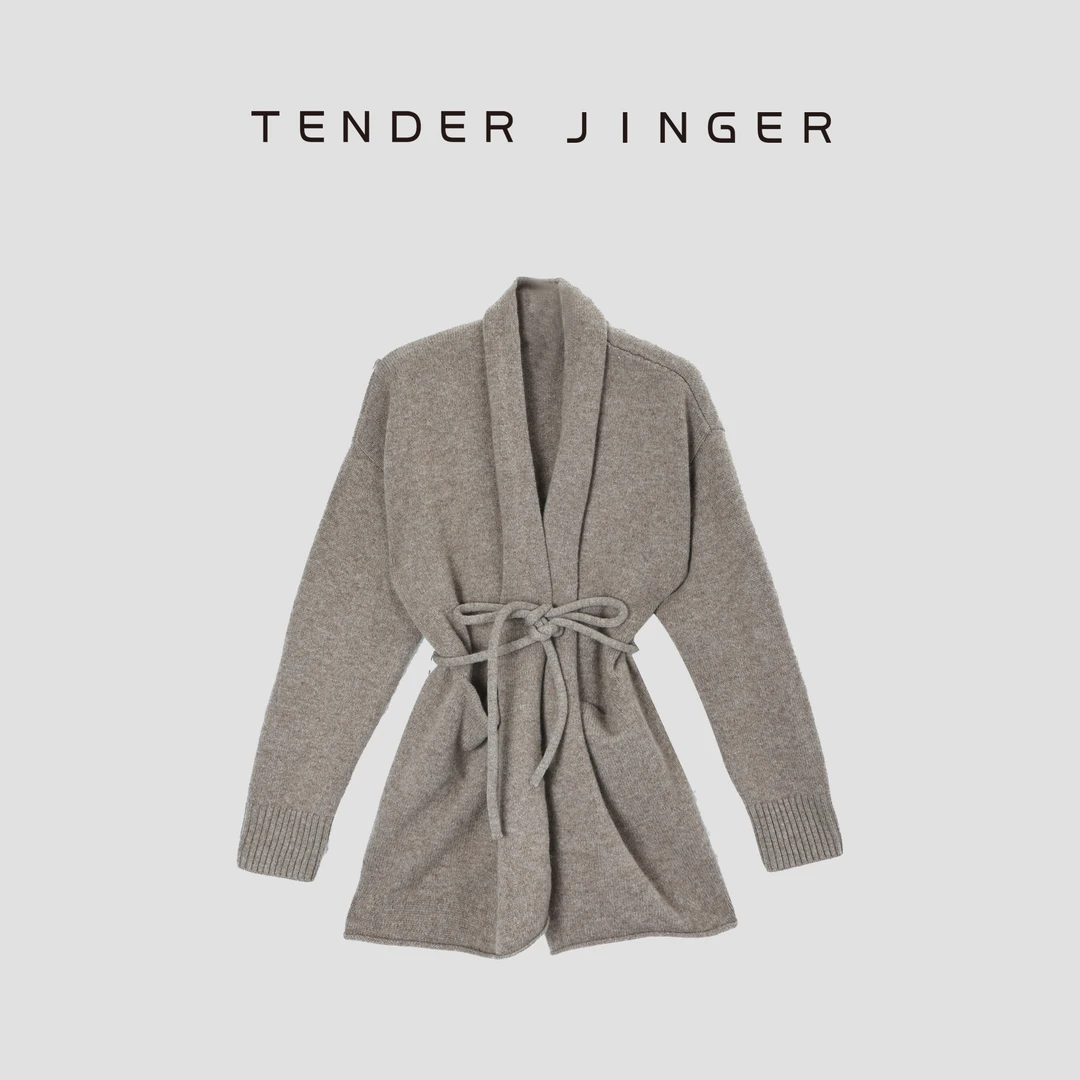 Tender Jinger文艺范抽绳中长款重磅羊毛开衫T54DDD50036