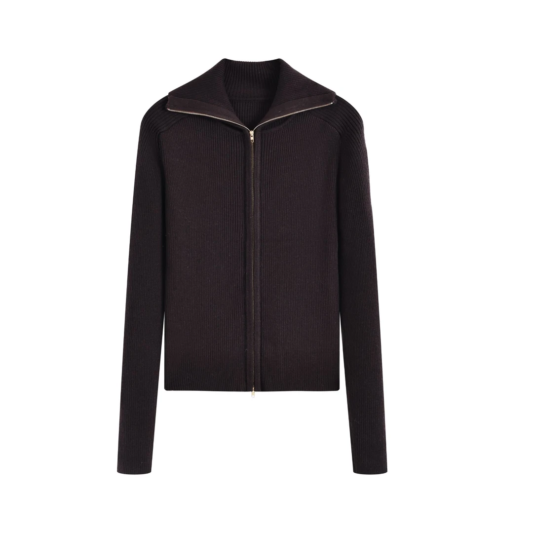 双开头拉链翻领针织气质开衫1081