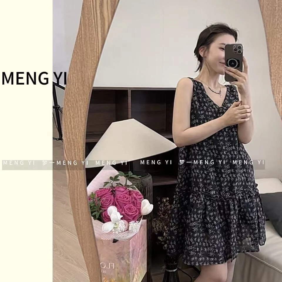 藏青色无袖度假碎花裙my-5113-2