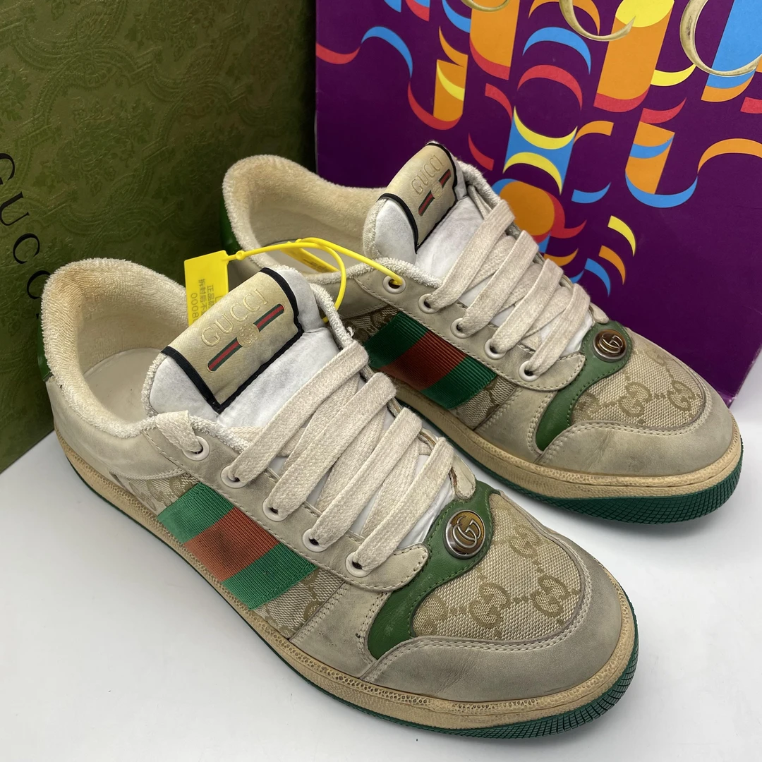 95新 GUCCI/古驰 39/41欧码二手男士 做旧做脏红绿织带舒适脏脏鞋