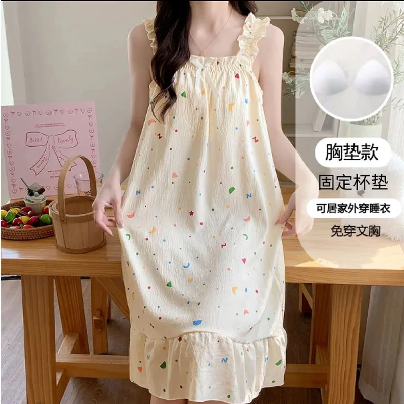 2025新款夏季吊带公主风轻奢纯欲睡衣女甜美睡衣带胸垫一体可外穿