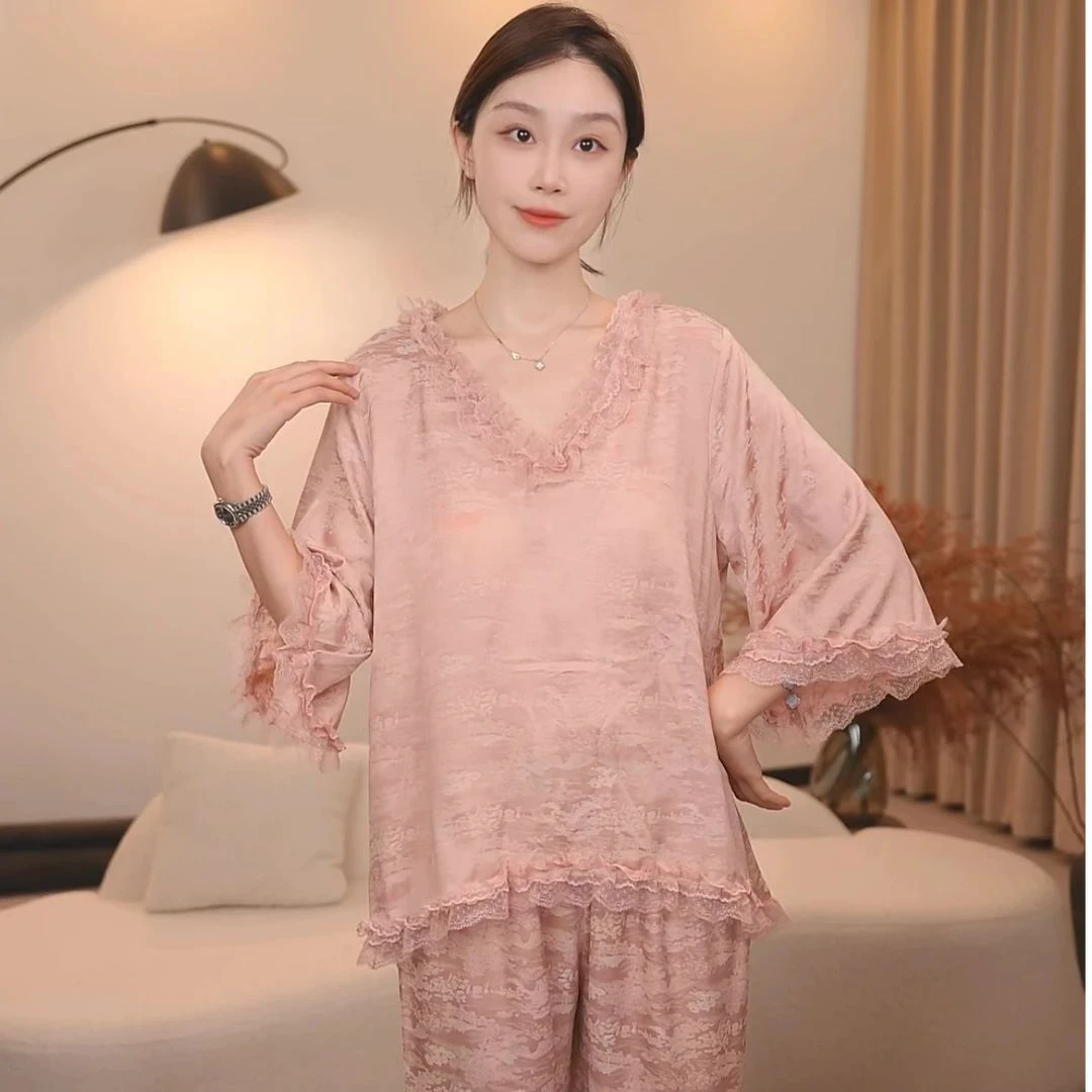 【粉胭】春秋长袖甜美风高级女士睡衣蕾丝宽松家居服套装可外穿