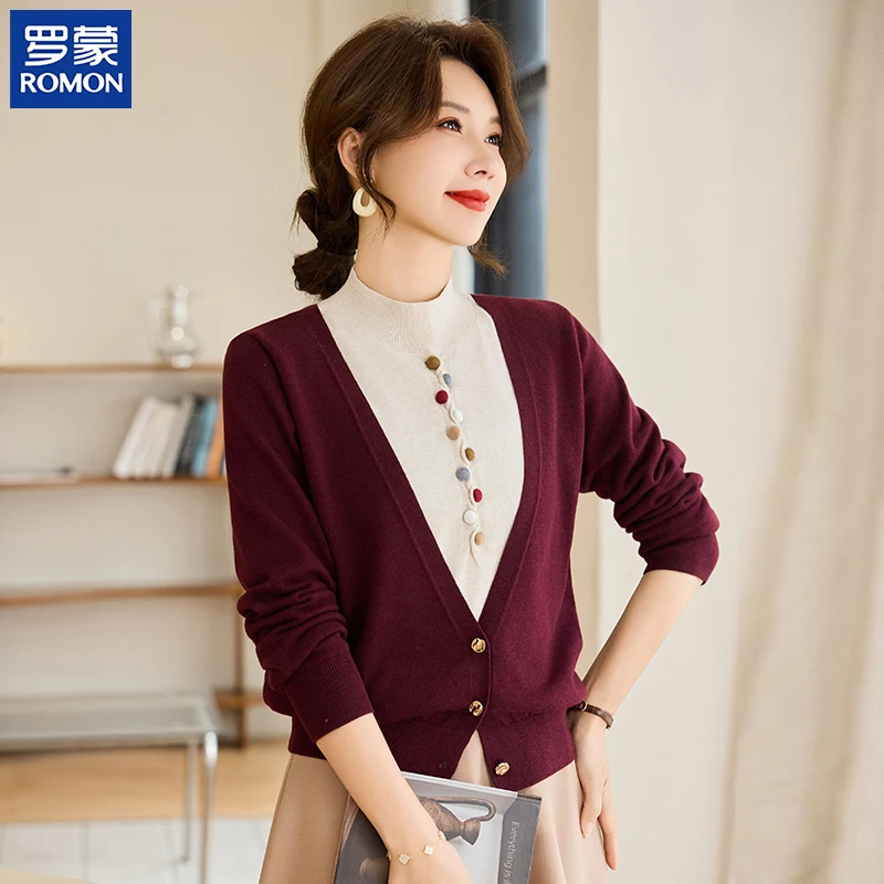 罗蒙时尚气质春秋季半高领妈妈装中年彩色纽扣上衣中老年女假两件