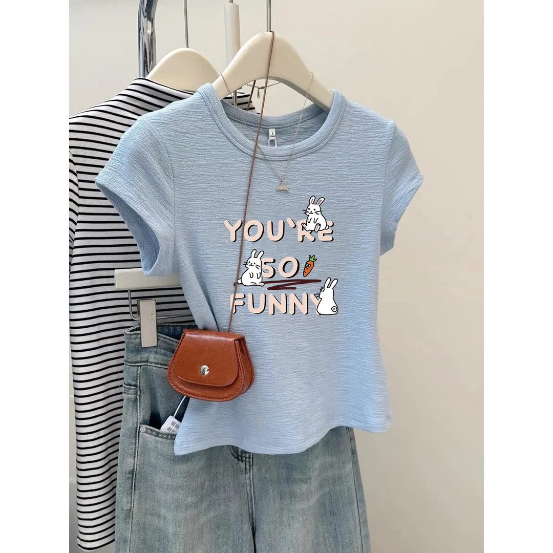 天蓝色高腰短款竹节棉薄款2025夏季新款圆领小众t恤女士大码上衣