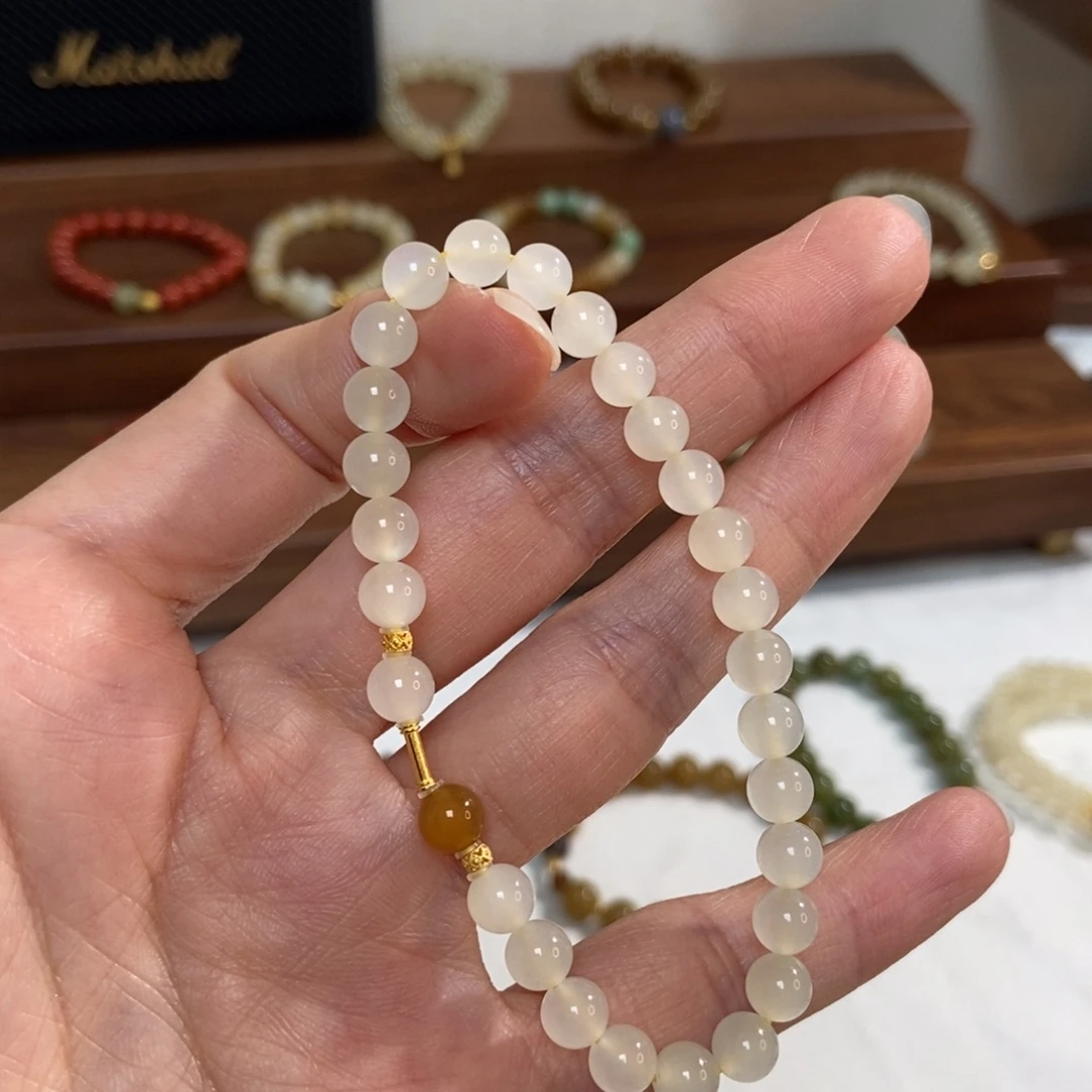 和田玉18K金镶嵌手链蜂蜜水6mm冰底