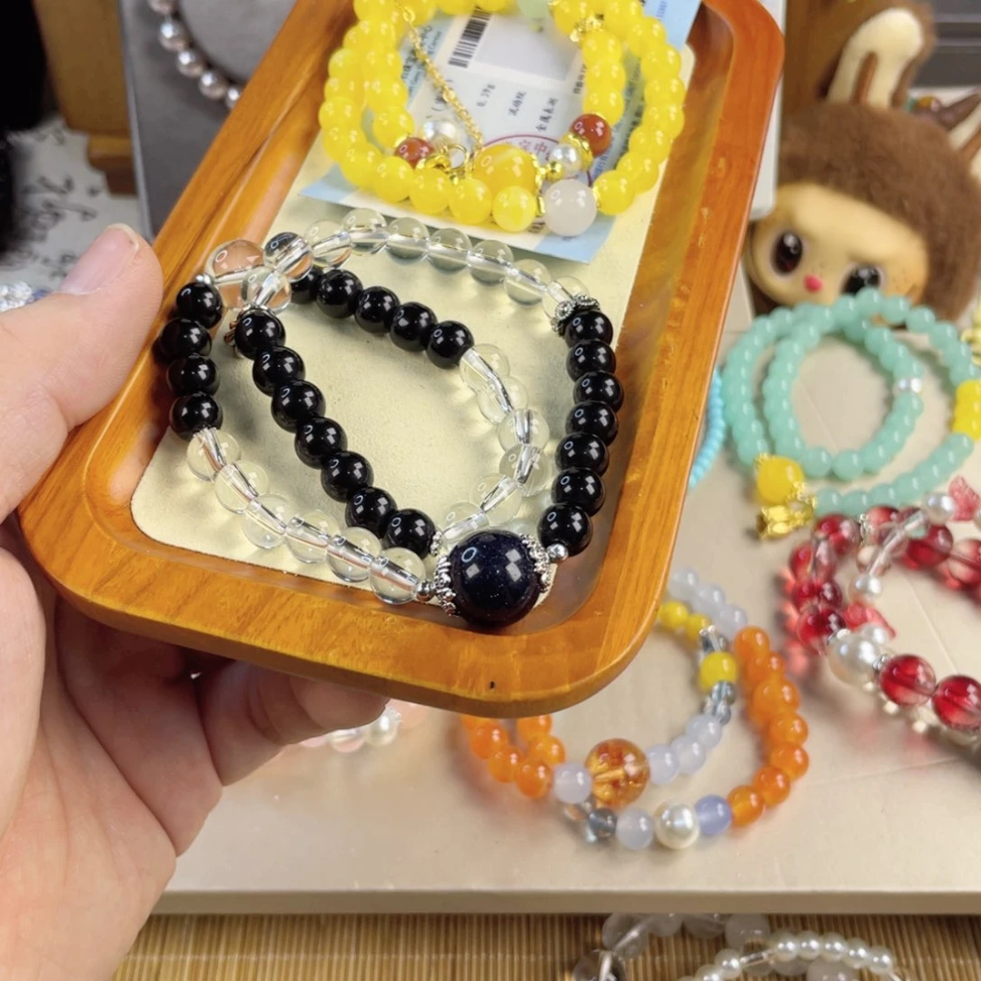 黑曜岩手饰银S925镀金镶嵌