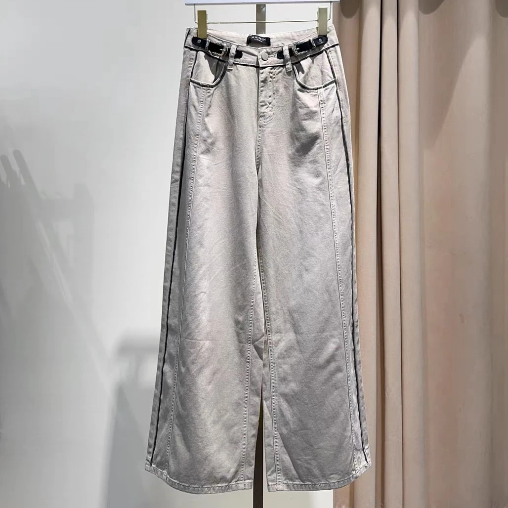 麦寻秋季新款KCXGQ002杏仁油百分百棉高腰阔腿裤黑边设计YKK拉链