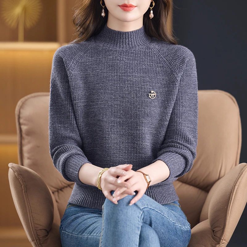 秋冬打底圆领半高领纯色冬季针织衫长袖洋气女设计感套头宽松上衣