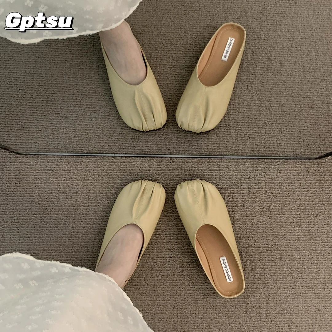 GPTSu法式褶皱平底半拖鞋春夏季仙女懒人一脚蹬温柔晚晚奶奶单鞋