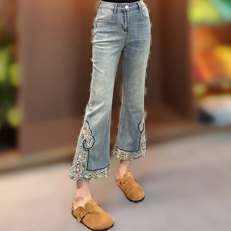 夏季新款时尚高腰重工刺绣牛仔裤女士喇叭裤显瘦百搭民族风九分裤