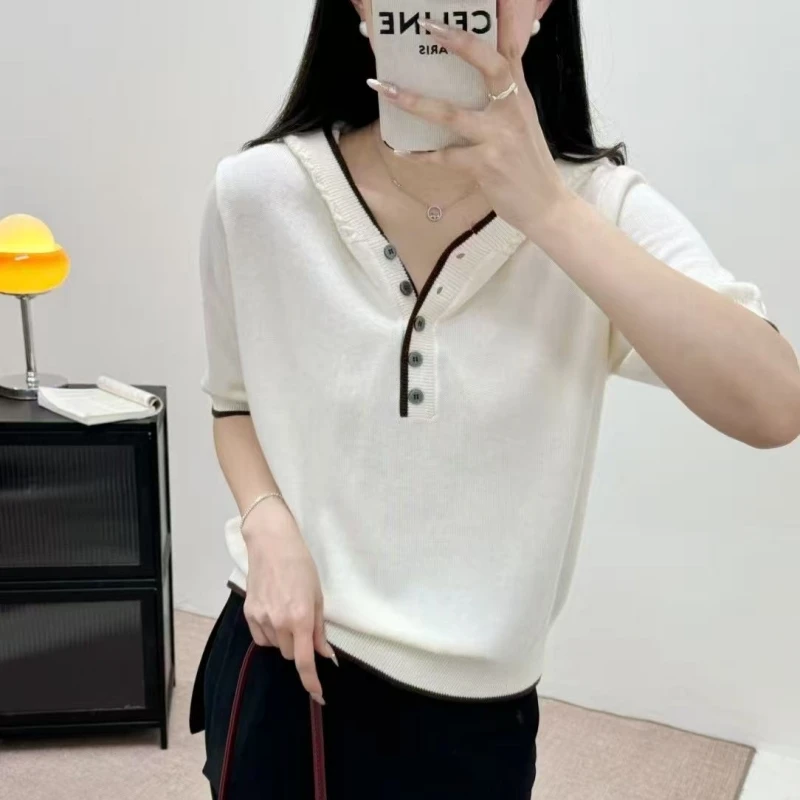 春夏新时尚洋气勾花帽衫半排扣短袖连帽精纺针织衫薄款女上衣百搭