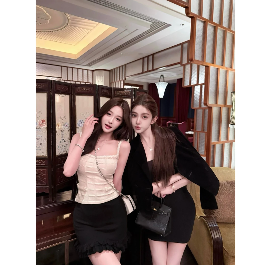 韩系时尚ins气质高级感甜美吊带无袖收腰上衣配显瘦半身裙两件套
