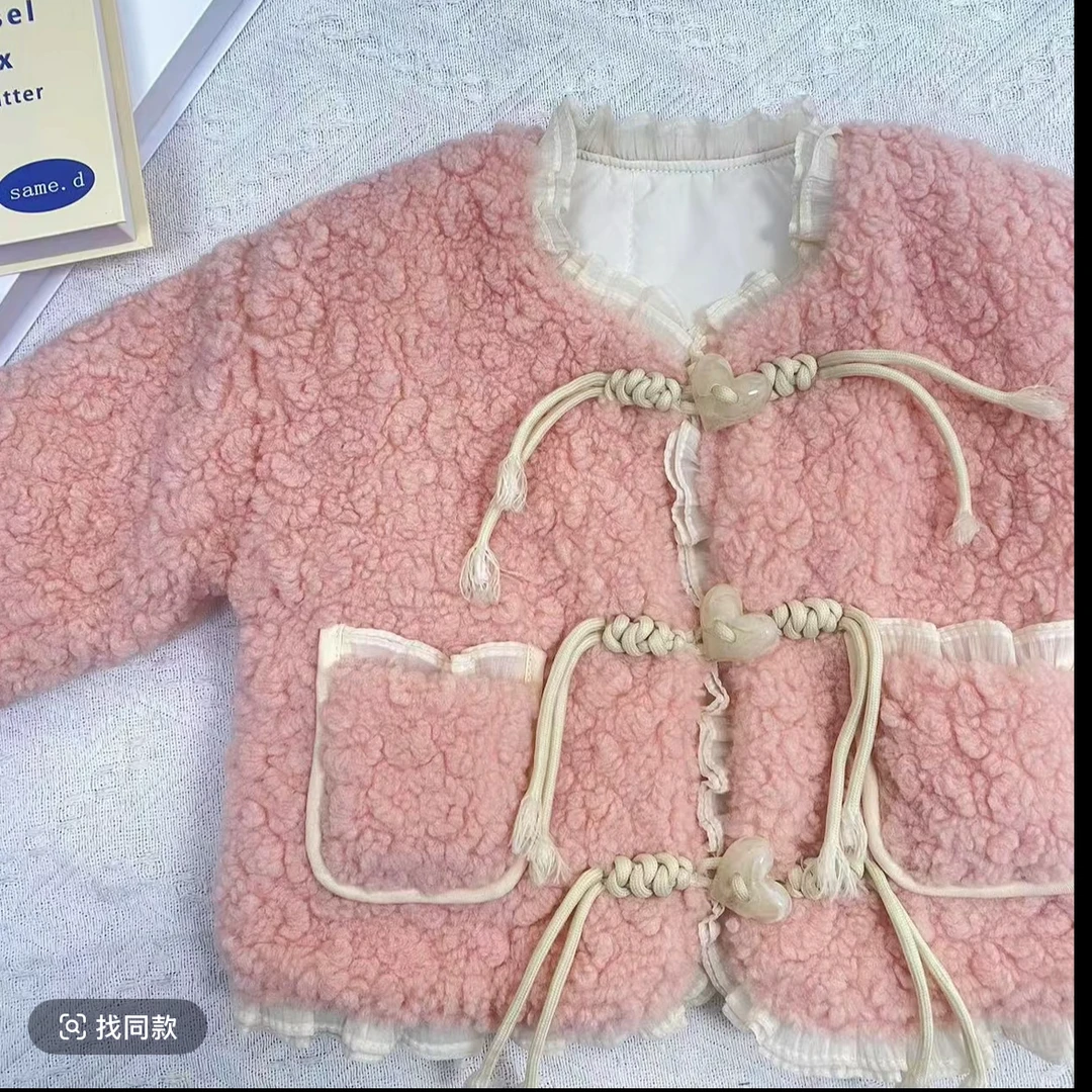 公主风保暖女冬季普通外套纯色洋气毛绒保暖童装可爱小香风单排扣