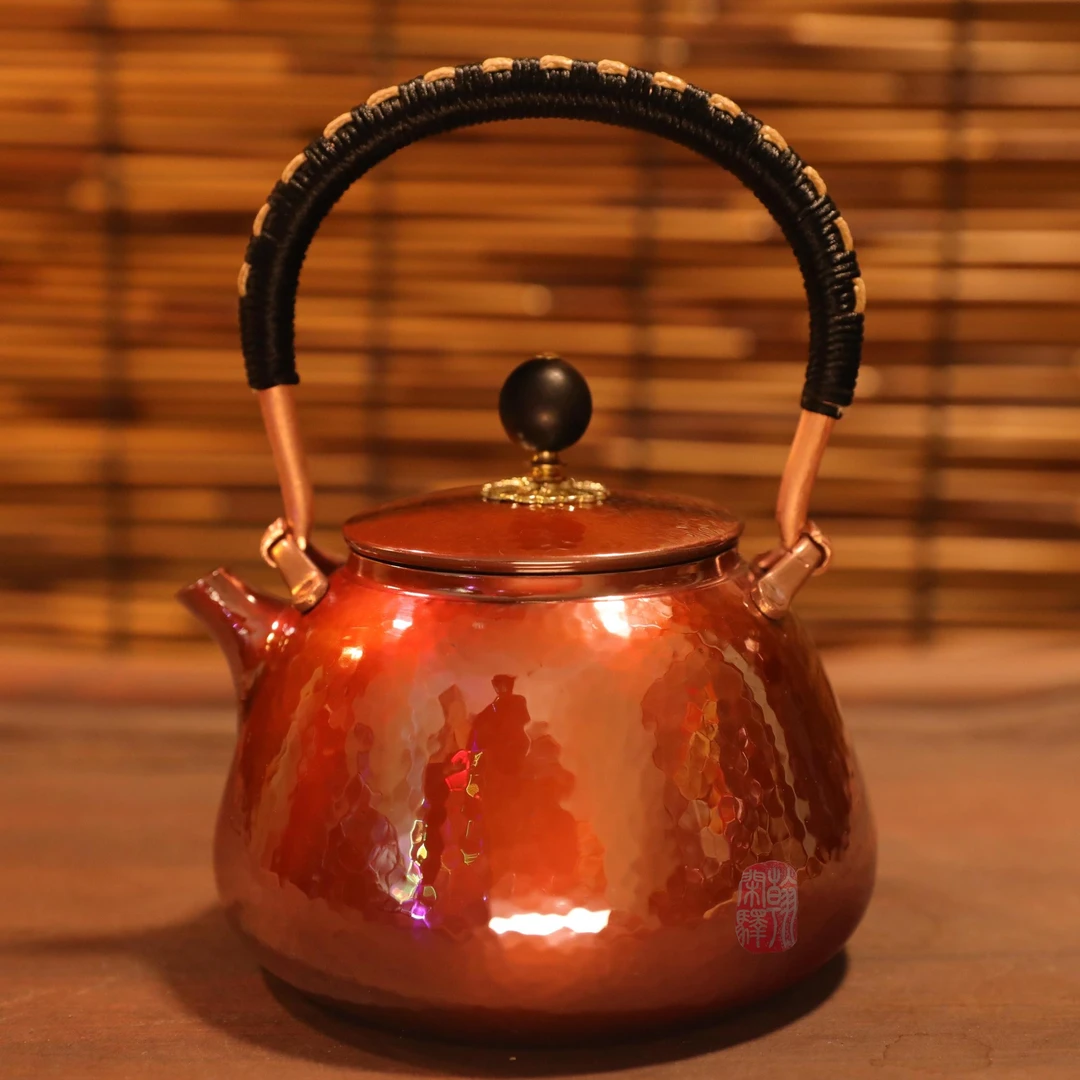 【翰闲阁】500ml 烤色一张手工锤纹提梁黑檀钮紫铜烧水壶 茶器茶道