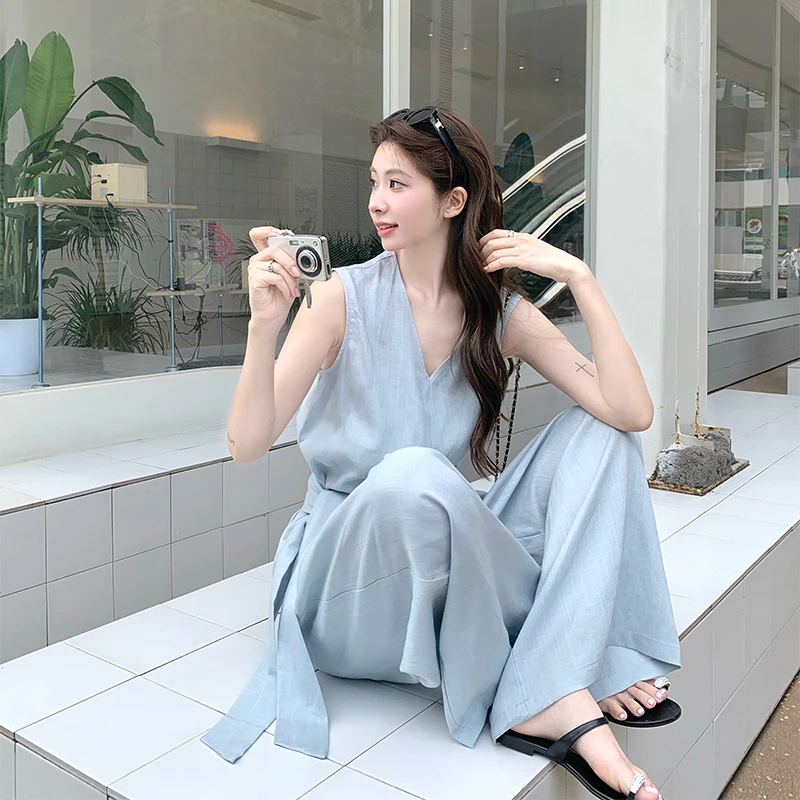 气质女装套装高级感亚麻韩系2025夏日新款洋气显瘦背心高腰两件套